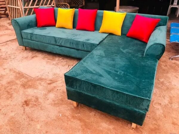 Elegant 5-Seater L-Shaped Sofa Set in Green with Colorful Cushions