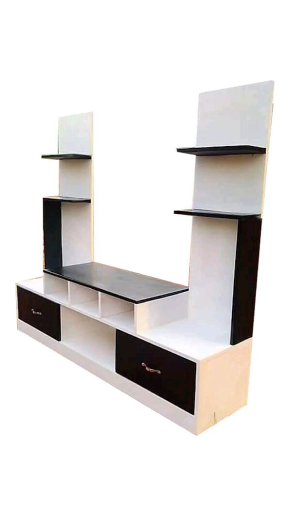 Elegant White Wooden TV Stand with Black Glass Top