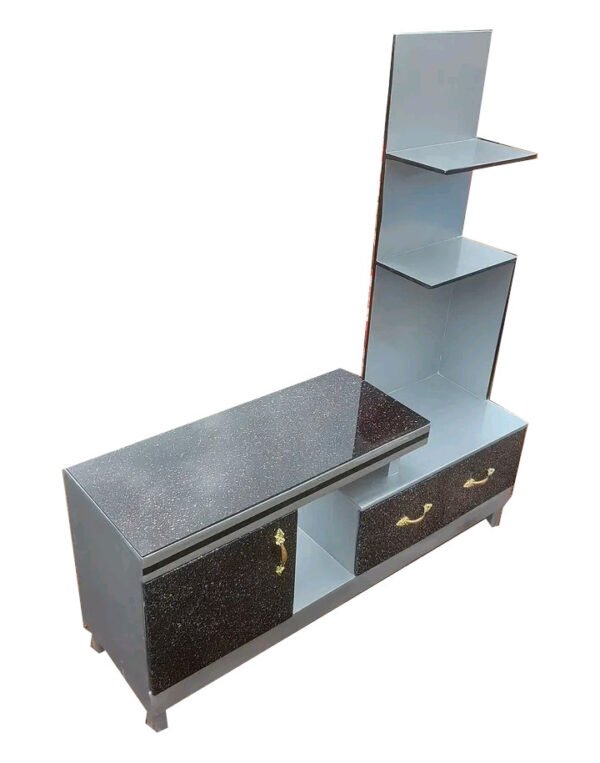 Elegant Wooden Gray TV Stand with Black Glass Top