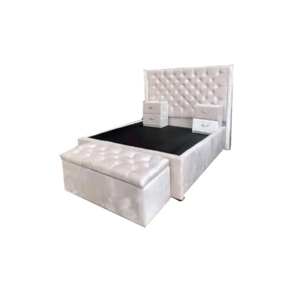 Elegant White Upholstered Bed with Ottoman Seat